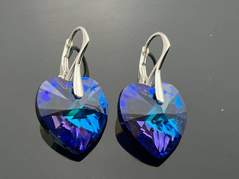 Swarovski Kristall Lila Heliotrop Herz Ohrringe 925 Sterling Silber Brisur Funkelndes Geschenk Für Sie Handgefertigter Schmuck von VestaJewelry