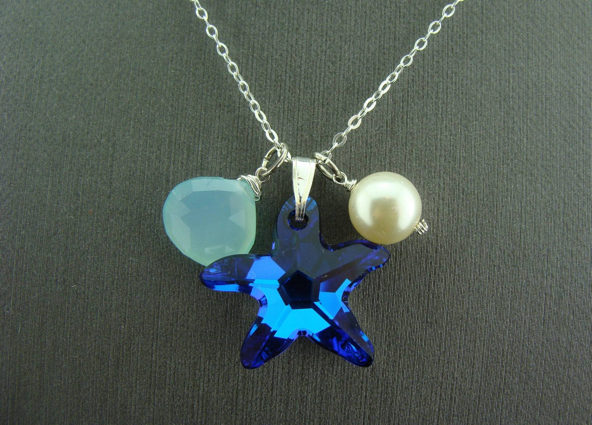 Swarovski Kristall Seestern Aqua Blauer Chalcedon & Perle 925 Sterling Silber Strand Anhänger Halskette Ocean Schmuck Geschenk Für Sie von VestaJewelry