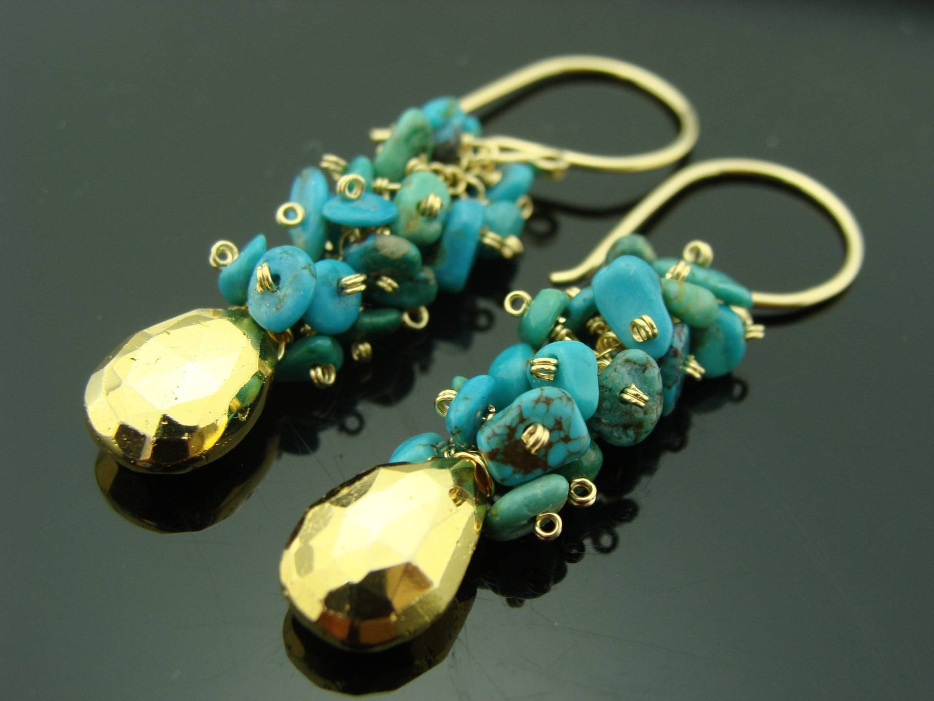 Türkis & Pyrit Cluster Ohrringe 14K Gold Gefüllt Natürliche Edelstein Baumeln Handgemachtes Schmuck Geschenk Für Sie von VestaJewelry