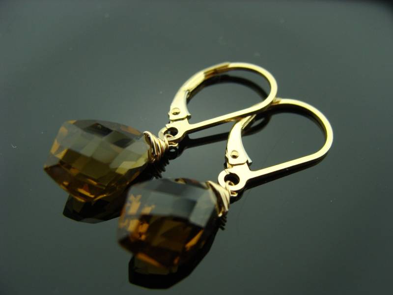 Zierliche Bier Quarz Ohrringe Facettierter Fancy Cut 14K Gold Filled Leverback Brauner Edelsteinschmuck von VestaJewelry