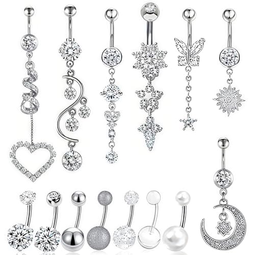 14 Stück Edelstahl-Bauchnabelringe mit Zirkon-Verzierungen, baumelnder Nabelschmuck für Frauen, polierter Körperschmuck von Vestamore