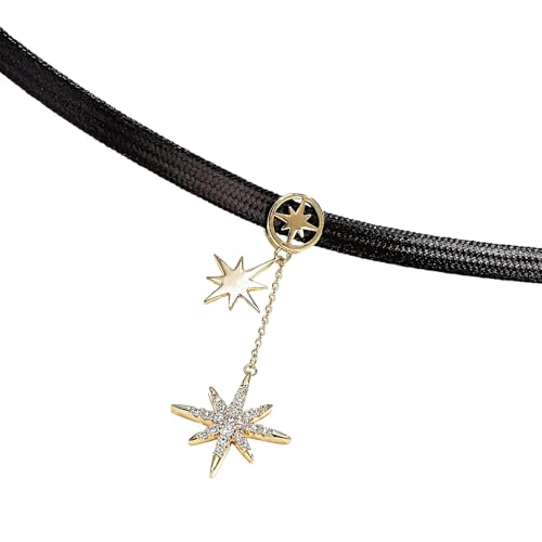 Verstellbare schwarze Leder-Halskette für Damen, stilvoller 8-zackiger Stern-Anhänger, leichtes PU-Halsband von Vestamore