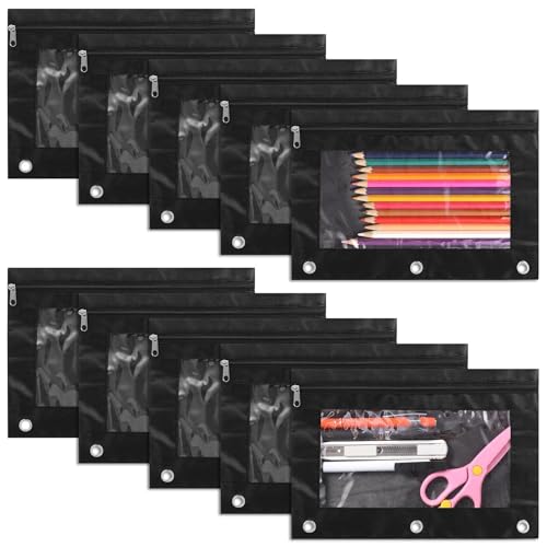 Vestamore Schwarze Oxford-Stoff-Bleistifttaschen für 3-Ring-Ordner, 10 Stück mit transparentem Fenster und Reißverschluss von Vestamore