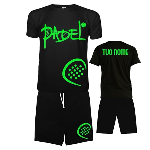 Vestipassioni Padel personalisierbares T-Shirt und Shorts, schwarz, 5 Größen erhältlich und 5 Druckfarben, für Wettkampf und Training, Schwarz - Grün, L von Vestipassioni