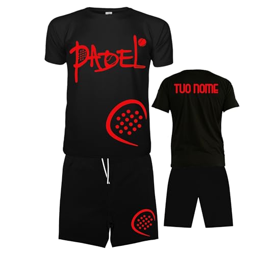 Vestipassioni Padel personalisierbares T-Shirt und Shorts, schwarz, 5 Größen erhältlich und 5 Druckfarben, für Wettkampf und Training, Schwarz Rot, L von Vestipassioni