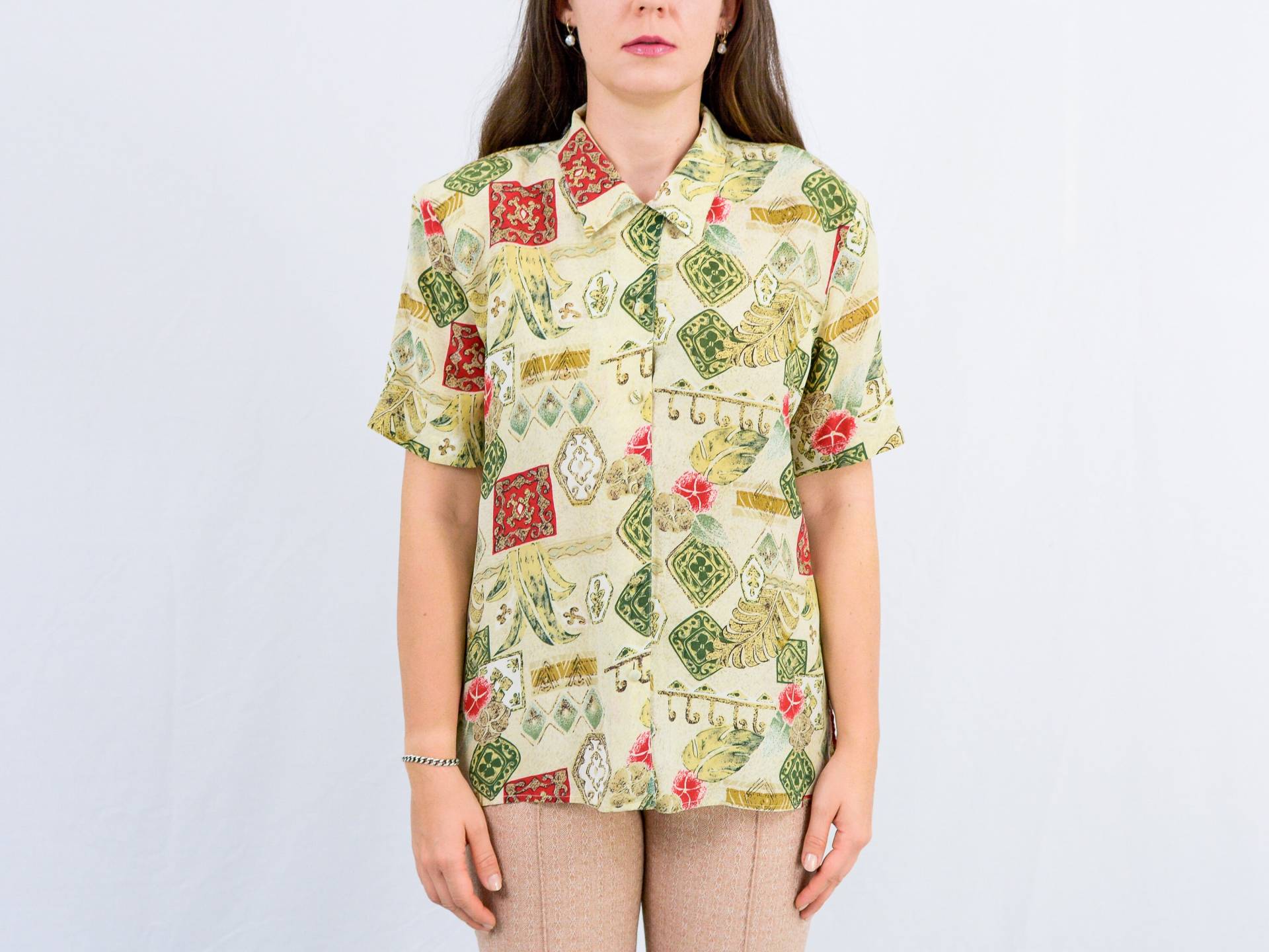 Bedrucktes Seidenshirt Damen Kurzärmelige Bluse Vintage Top Gepolsterte Schultern L Groß von VestiumConcept