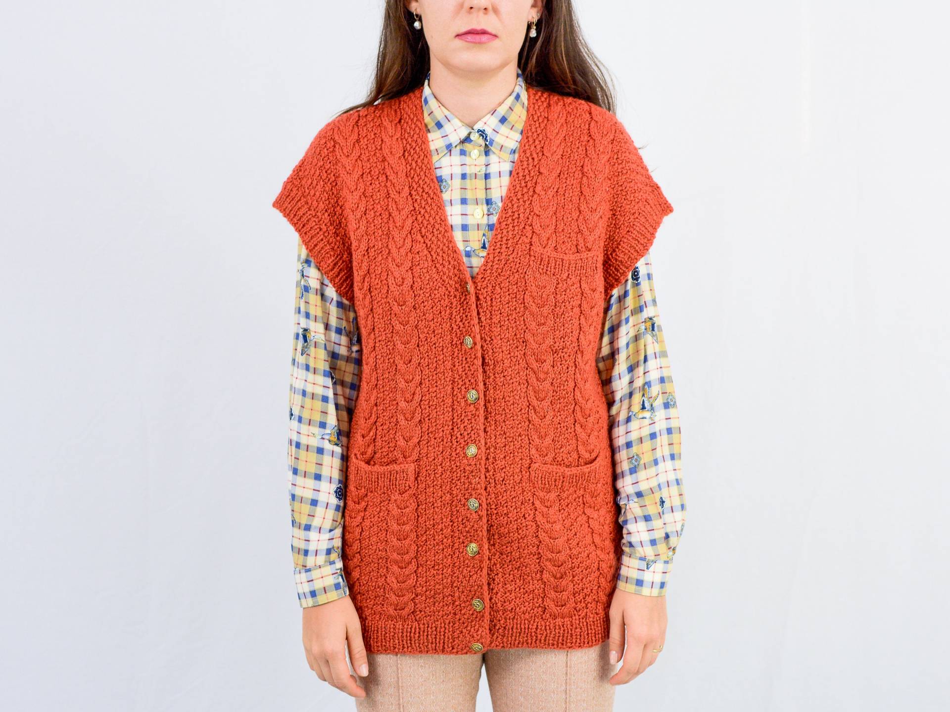 Ingwer Pullover Weste Vintage Rot Cardigan Ärmellos Damen L/xl von VestiumConcept