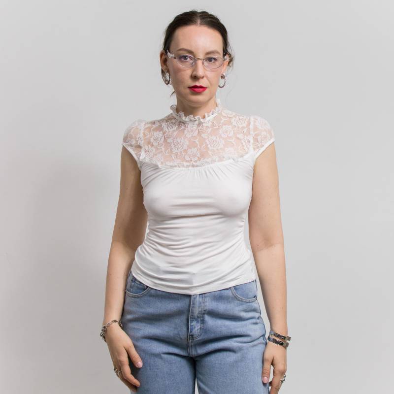Weißer Spitzen Neckholder Top | Reine Sommerbluse Dehnbar Tailliert Y2K Damengröße S/M Weißer Spitzen Neckholder Top | Reine Sommerbluse Dehnbar Tailliert Y2K Damengröße S/M von VestiumConcept