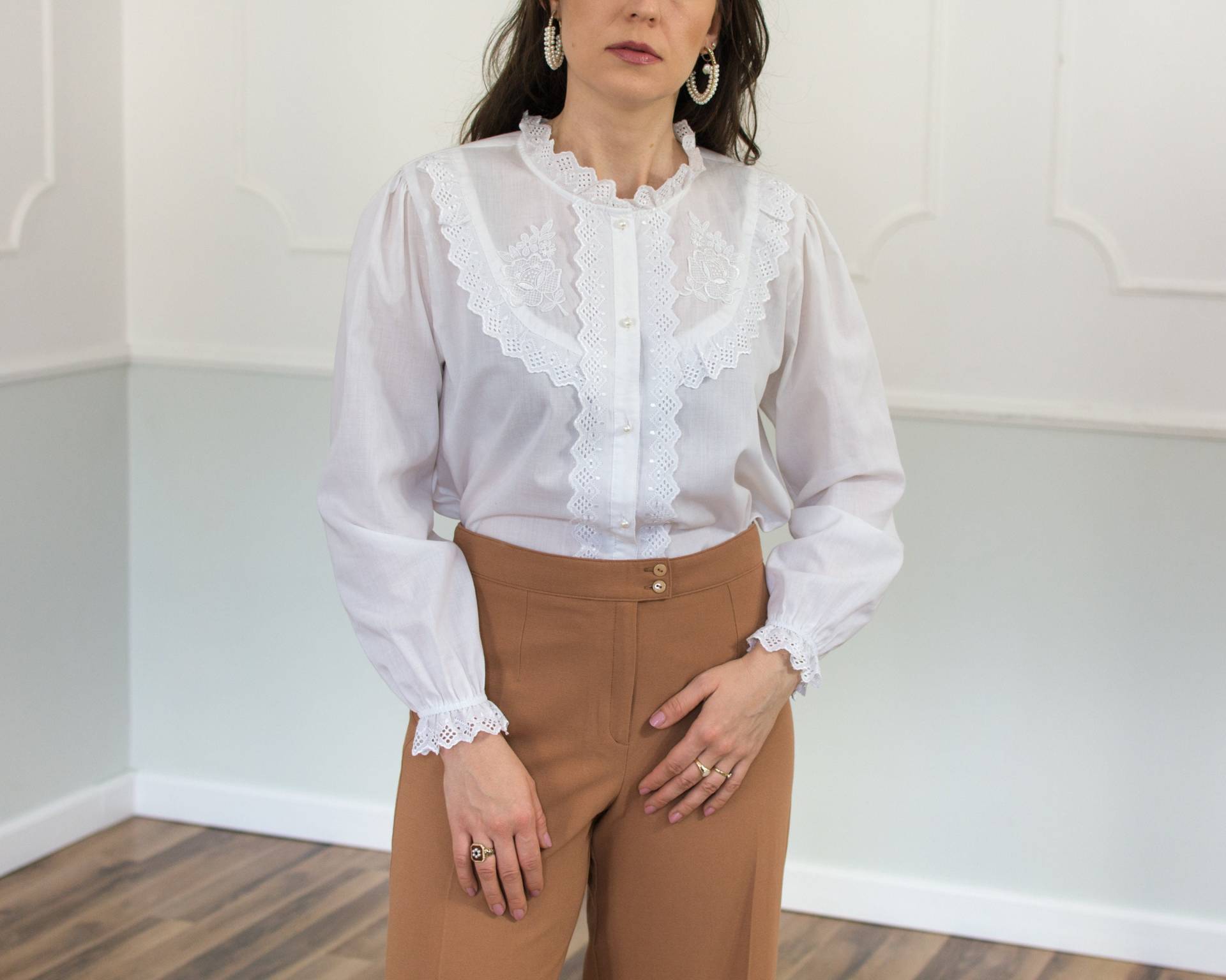 Weißes Shirt Im Edwardian Stil Vintage 90Er Jahre Bestickte Bluse Damen Xl/Xxl von VestiumConcept