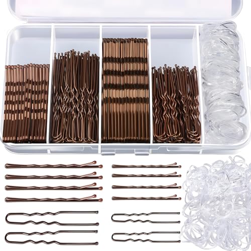500 Stück Haarnadeln Klein Bobby Pins Set Haarklammern U-förmige Haarnadeln 2inch 2.36inch, Hair Pins 2inch 2.75inch, Durchsichtige Haargummi mit Aufbewahrungsbox für Frauen Mädchen(Braun) von Veszoen