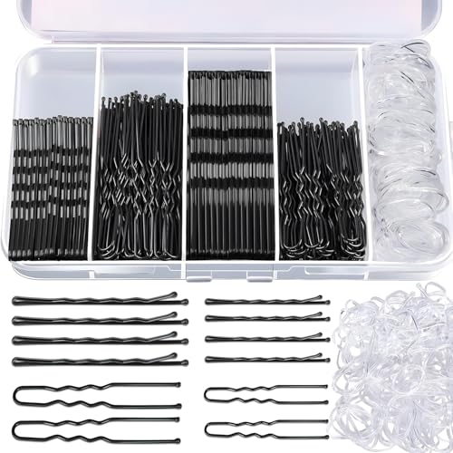 500 Stück Haarnadeln Klein Bobby Pins Set Haarklammern U-förmige Haarnadeln 2inch 2.36inch, Hair Pins 2inch 2.75inch, Durchsichtige Haargummi mit Aufbewahrungsbox für Frauen Mädchen(Schwarz) von Veszoen