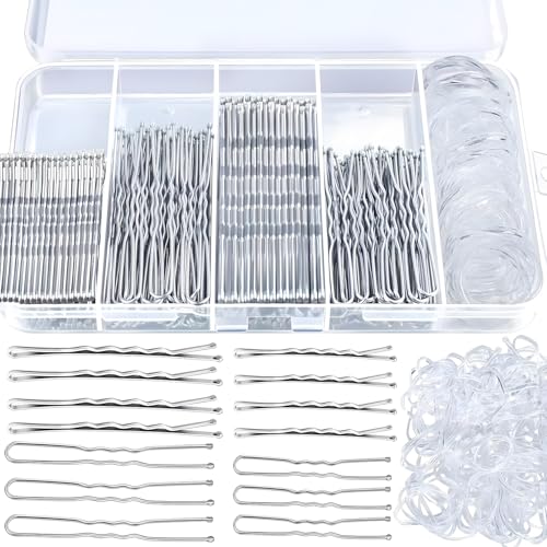 500 Stück Haarnadeln Klein Bobby Pins Set Haarklammern U-förmige Haarnadeln 2inch 2.36inch, Hair Pins 2inch 2.75inch, Durchsichtige Haargummi mit Aufbewahrungsbox für Frauen Mädchen(Silber) von Veszoen