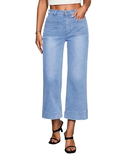 Vetinee 7/8 Hosen Damen Sommer Jeans Weite Jeans Damen Seeblau Größe Large Passt EU Größe 42 bis EU Größe 44 von Vetinee