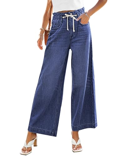 Vetinee Jeans Weites Bein Damen Jeans Damen High Waist Weites Bein Dunkelheit Blau Größe XX-Large Passt EU Größe 50 bis EU Größe 52 von Vetinee