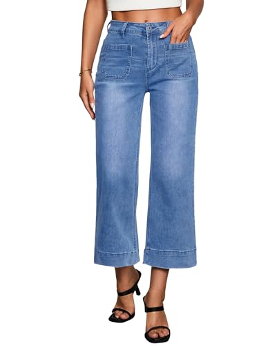 Vetinee Flared Jeans Für Damen Jeans Damen High Waist Weites Bein Klassisch Blau Größe Small Passend für EU Größe 34 bis EU Größe 36 von Vetinee