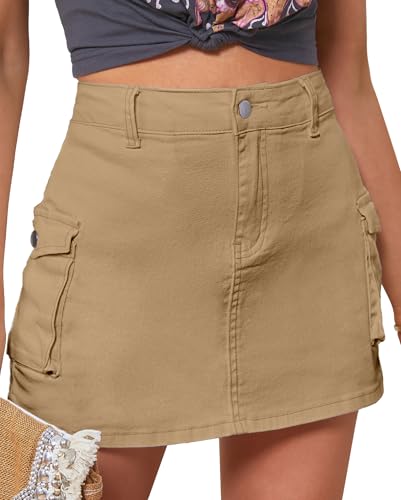 Vetinee Cargo Hose Kurz Baggy Shorts Damen Hawaii Rock High Waist Rock Damen Kurze Hose Damen High Waist Mini Rock Damen Minirock Größe Medium Passt EU Größe 38 bis EU Größe 40 Khaki von Vetinee