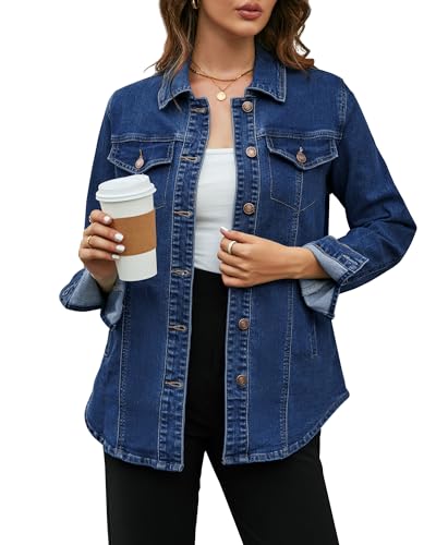 Vetinee Damen Jacke Lang Jeansjacke Damen Lang Jeansjacke Oversize Damen Herbst Jacke Frauen Damen-Jacken Lang Shacket Damen Jacke Abendrot Blau Größe Large Passt EU Größe 42 bis EU Größe 44 von Vetinee