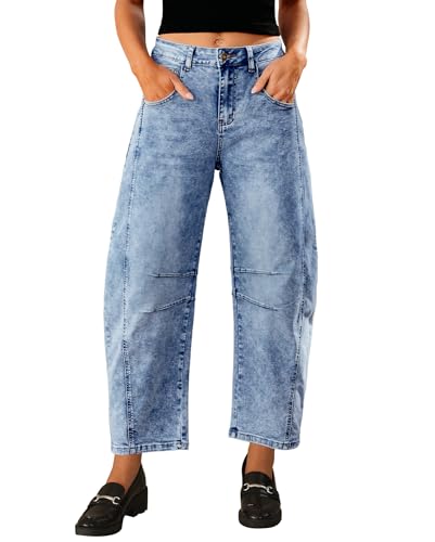 Vetinee Damen Jeans Weites Bein Jeans Baggy Riff Blau Größe Small Passend für EU Größe 34 bis EU Größe 36 von Vetinee