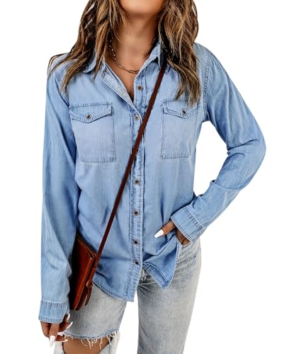Vetinee Bluse Musselin Damen Musselin Hemd Damen Helium-Blau Größe Large Passt EU Größe 42 bis EU Größe 44 von Vetinee