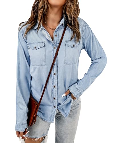 Vetinee Jeansbluse Damen Damen Hemd Sommer Blau Gealtert Größe Small Passend für EU Größe 34 bis EU Größe 36 von Vetinee