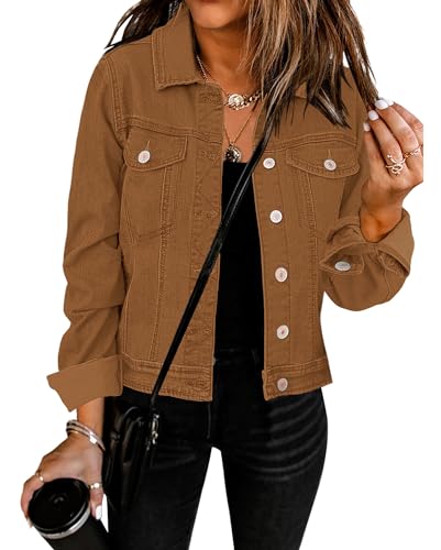 Vetinee Herbst Jeansjacke Damen Oversize - Braun, Größe Large (EU 42-44) - Sommer Jacke von Vetinee