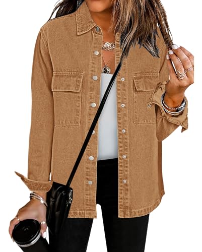 Vetinee Jacke Lang Damen Jeansjacke Damen Große Größen Jacke Lang Damen Damen-Jacken Jacke Herbst Damen Jacke Damen Lang Braun Größe X-Large Passt EU Größe 46 bis EU Größe 48 von Vetinee