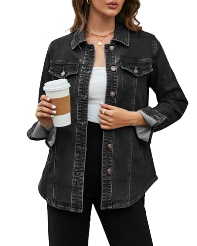 Vetinee Jacke Schwarz Damen Schwarze Jeansjacke Damen Jacke Frühling Damen Oversize Jeansjacke Damen Jacke Sommer Damen Gewaschenes Schwarz Größe Large Passt EU Größe 42 bis EU Größe 44 von Vetinee
