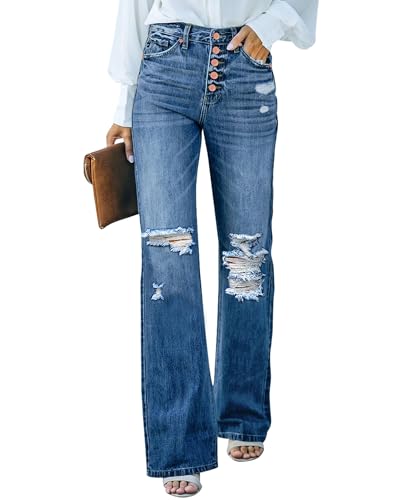 Vetinee Damen Jeans Weites Bein Straight Basic Jeans Lapis Sehnsucht Größe Small Passend für EU Größe 34 bis EU Größe 36 von Vetinee