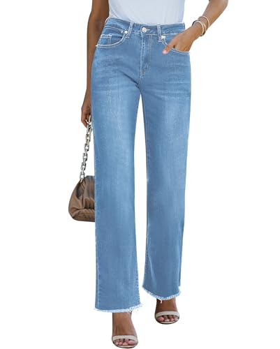 Vetinee Jeans Weites Bein Damen Jeans Damen Grosse Grössen Wide Leg Jeans Damen Jeans Sommer Jeans Damen Mom Fit Damen Jeans High Waist Mittelblau Größe X-Large Passt EU Größe 46 bis EU Größe 48 von Vetinee