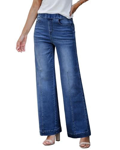 Vetinee Jeans Damen High Waist Stretch Jeans Damen Weites Bein Dunkelheit Blau Größe Medium Passt EU Größe 38 bis EU Größe 40 von Vetinee