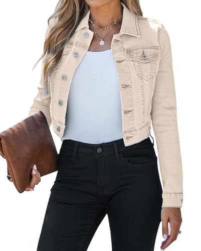 Vetinee Jeansjacke Damen Beige Herbst Jacke Damen Hellbeige Größe M Passt für EU 38-40 von Vetinee