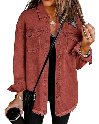 Vetinee Jeansjacke Oversize Damen Sommer Jeansbluse Jacke Herbst Frühjahr Ture Rot Größe Medium Passt EU Größe 38 bis 40 von Vetinee