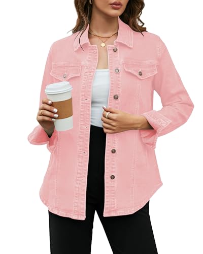 Vetinee Jeansjacke Rosa Damen Jacke Frühling Lang Damen+Jacken Jeansjacke Oversize Damen Jacke Frühjahr Damen Damen-Jacken Lang Errötendes Rosa Größe Medium Passt EU Größe 38 bis EU Größe 40 von Vetinee