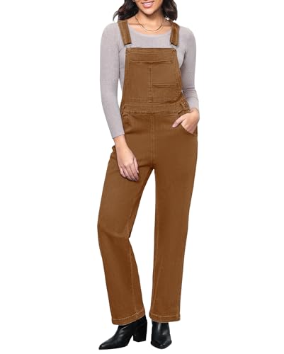 Vetinee Jumpsuit Damen Lang Latzhose Jeans Damen Pekannussbraun Größe L passt für EU 42-44 von Vetinee