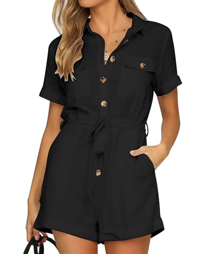 Vetinee Jumpsuit Damen Schwarz Overall Schwarz Jumpsuit Schwarz Overall Damen Schwarz Schwarzer Overall Damen Overall Damen Sommer Kurz Schwarz Größe XX-Large Passt EU Größe 50 bis EU Größe 52 von Vetinee