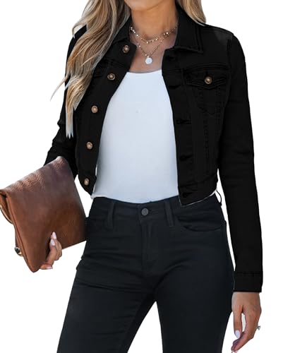 Vetinee Schwarze Jeansjacke Damen Jeansjacke Kurz Damen Echt Schwarz Größe L Passt für EU 42-44 von Vetinee