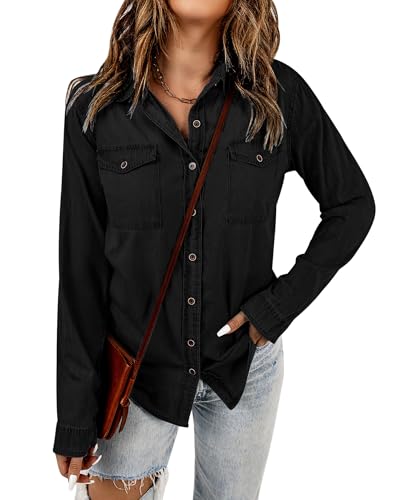 Vetinee Jeanshemd Damen Langarm Bluse Damen Schwarz A Vintage Schwarz Größe Medium Passt EU Größe 38 bis EU Größe 40 von Vetinee