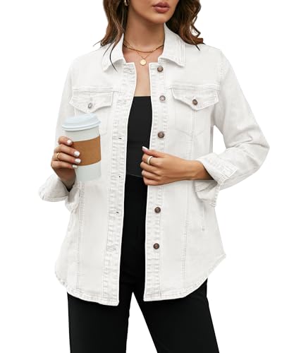 Vetinee Weiße Damen Jeansjacke - Oversize XXL - Passt EU Größe 50 bis 52 - Weiß - Langarm - Umlegekragen - Knopf - Baumwollmischung - Damen - COAT - Rektangular - Ohne Wetterschutz - Kurze Länge von Vetinee