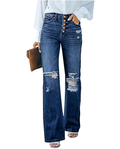 Vetinee Schlaghose Damen Jeans Jeans Weites Bein Damen Dunkelblau Größe Small Passend für EU Größe 34 bis EU Größe 36 von Vetinee