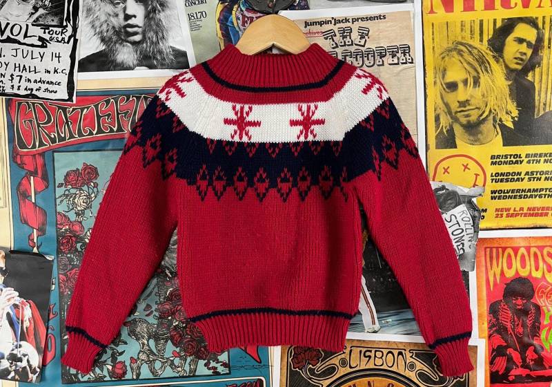 Vintage 1970Er-80Er Jahre Kleinkind Kinder Pullover Jcpenney Mockneck Winter Größe 5 Alter 4-5 Rot Marine Weiß 50-50 von VettedVintageWares