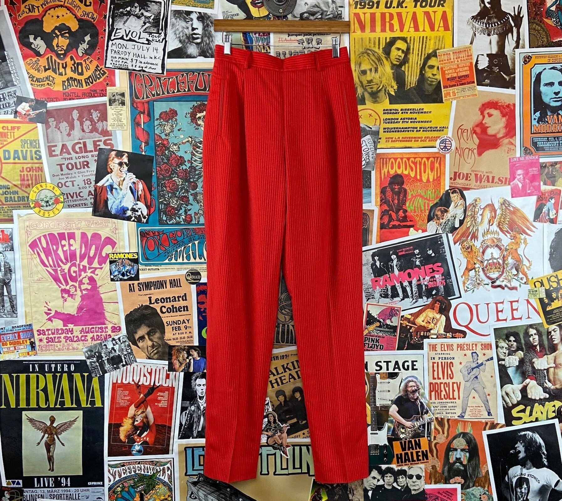 Vintage Damen 90Er Jahre Rot & Weiß Nadelstreifen High Rise Wollmischung Herrenmode Stil Hose 72x32 cm, Geschäftsfrau 72 cm Hoch Tailliert, Mom von VettedVintageWares