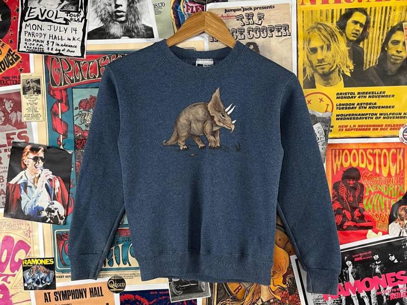 Vintage Kinder 90Er Jahre Blau Lackierter Triceratops Dinosaurier Grafik Pullover Rundhals-Sweatshirt Sz 10/12 Alter 8-10 Junge Mädchen von VettedVintageWares