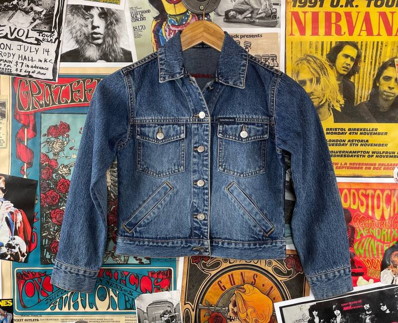 Vintage Kinder Mädchen 90Er Jahre 2000Er Y2Ks Blau Vier Tasche Calvin Klein Ck Jeans Logo Jeansjacke Größe 10 Alter 8-9 American Retro Back To School von VettedVintageWares