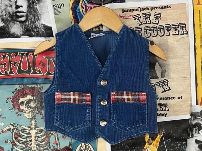 Vintage Kleinkind Jungen Kinder Retro 70Er Jahre Cord Karo Zwei Taschen Weste Rockabilly Western Billy The Kid 18-24 Monate Cowboy Blau von VettedVintageWares