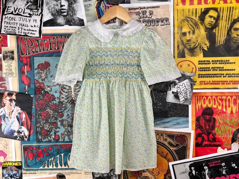 Vintage Kleinkind Mädchen Kinder 70Er Jahre Grün Pastell Winzigen Blumendruck Hand Gesmokt Karussell Spitze Kragen Frühlingskleid 4T, Retro von VettedVintageWares