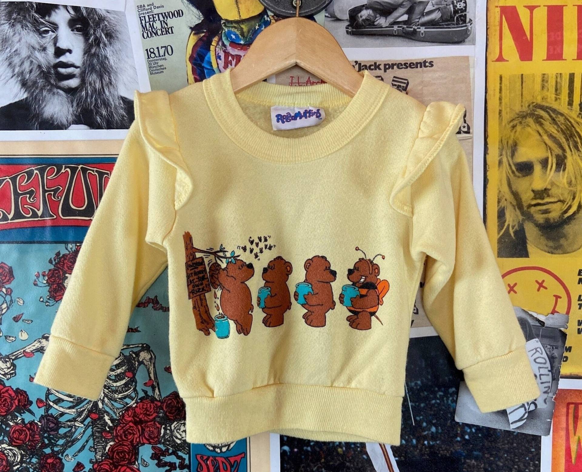 Vintage Kleinkind Mädchen Kinder 80Er-90Er Jahre Gelb Honig Bären Cartoon Gekräuselte Schulter Pullover Rundhals Sweatshirt Top Größe 2T, 80Er von VettedVintageWares