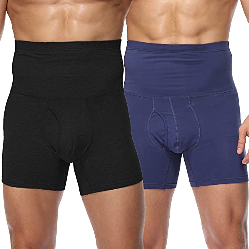 Vevarble Herren Coton Boxershorts Bauchkontrolle Shorts hoher Taille für Männer aus Baumwolle Body-Shaper Unterhose 4XL,Schwarz/Marine Blau von Vevarble