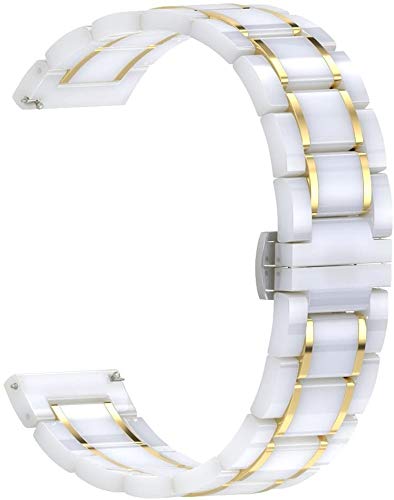 VeveXiao Keramik-Armbänder, kompatibel mit Samsung Galaxy Watch Active 2, 44 mm, 40 mm, 20 mm Schnellverschluss, Keramik und Edelstahl-Armband für Garmin Vivomove HR, Damen und Herren (Weiß und Gold) von VeveXiao