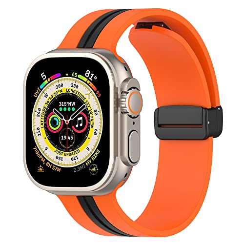 VeveXiao Sportarmband kompatibel mit Apple Watch 42mm 44mm 45mm 49mm, Silikonarmband Magnetschnalle verstellbares Armband für iWatch Ultra SE Serie 8 7 6 5 4 3 2 1 Herren Damen, Orange Schwarz von VeveXiao