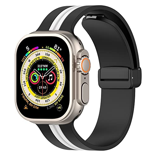 VeveXiao Sportarmband kompatibel mit Apple Watch 42mm 44mm 45mm 49mm, Silikonarmband Magnetschnalle verstellbares Armband für iWatch Ultra SE Serie 8 7 6 5 4 3 2 1 Herren Damen, schwarz weiß von VeveXiao